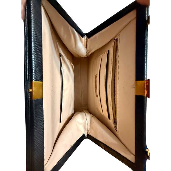 Vtg Crouch & Fitzgerald Black Reptile Leather Handbag with Brass Hardware - Picture 8 of 13